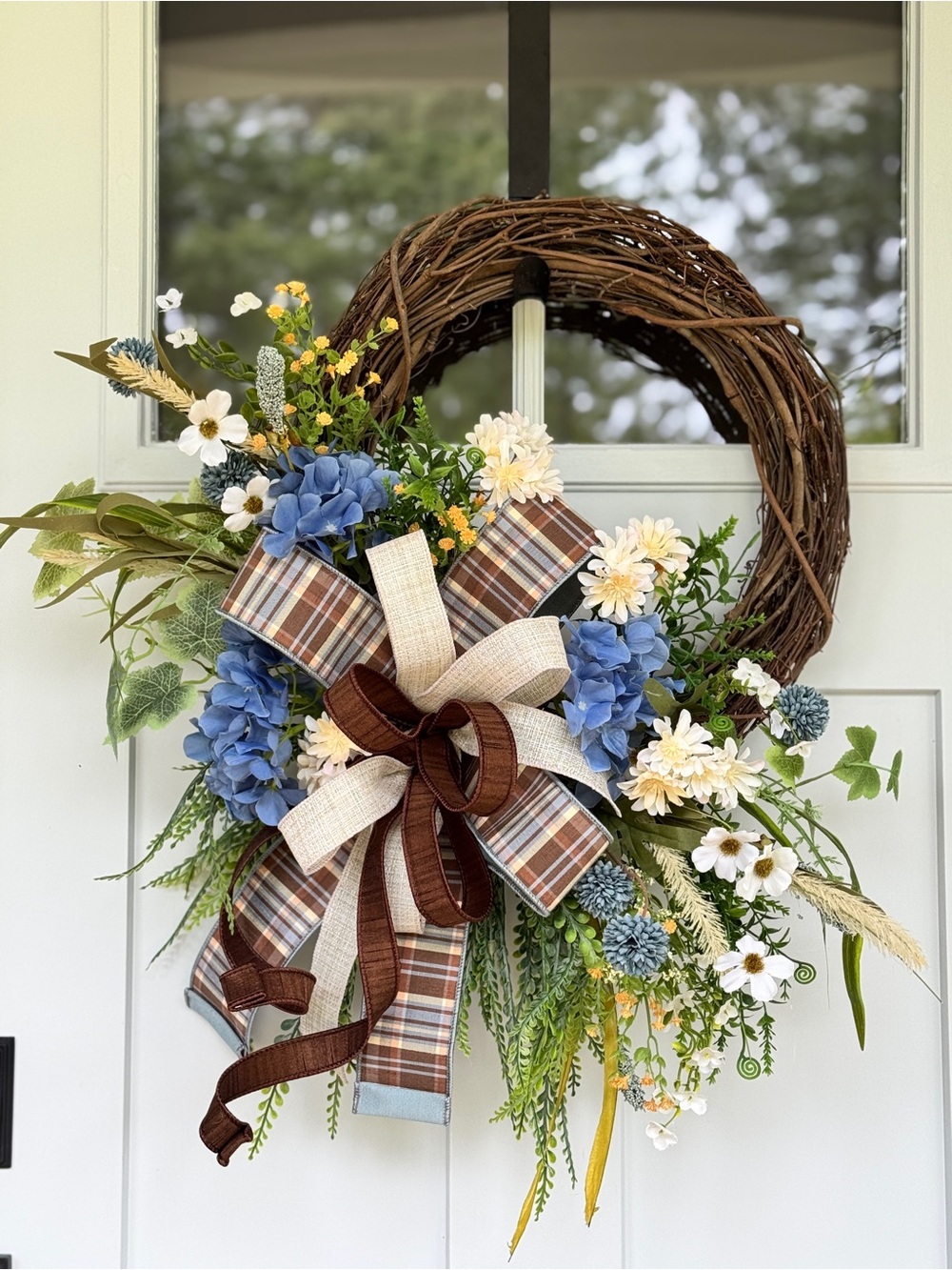 Cozy Fall Blue & Cream Floral Wreath